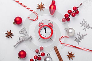 Christmas composition with red and silver gifts on stone background. Xmas holiday 2021 celebration. Flat lay, top view, copy space