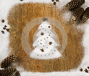 Christmas composition with sugar, star anise and pine cones