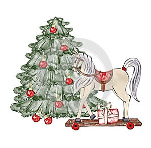 Christmas composition with vintage horse toy, gift and Christmas tree. Watercolor hand drawn illustration in sketch photo