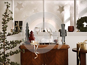 Christmas composition on the vintage shelf in the living room interior with beautiful decoration, big window, christmas tree,