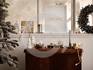 Christmas composition on the vintage shelf in the living room interior with mock up poster frame, beautiful decoration, big window