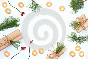 Christmas composition on a white background. Flat lay, top view