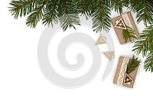 Christmas composition on white background, flat lay, top view, copy empty space, holiday concept multicolored christmas toys and