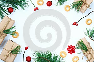 Christmas composition on a white background. Flat lay, top view, copy space.