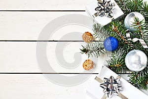 Christmas composition on a white wooden background