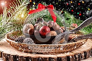 Christmas composition on wooden background