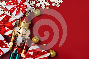 Christmas concept background. Top view of Christmas ornament and christmas wooden nutcracker toy solider with space for text photo