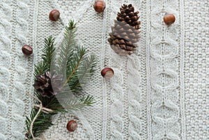 Christmas concept. Christmas bouquet with spruce, fir-tree, snowflakes on white knitted background. Holiday card. Vintage style. F