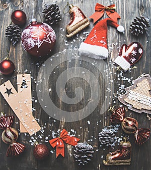 Christmas concept, Christmas decorations. gifts and snow on a gray background, space for text