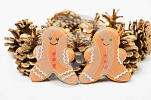 Christmas concept. Christmas gingerbread with golden pine cones