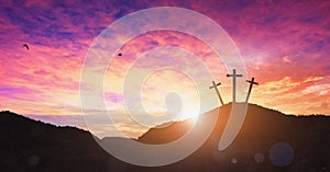 Christmas concept: Crucifixion Of Jesus Christ Cross At Sunset