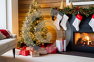 Christmas concept. Decorated Christmas Tree Near Fireplace at Home