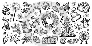 Christmas concept. Design elements hand drawn in sketch vintage style. Holiday decorations engraving vector illustration