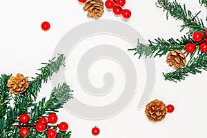 Christmas concept, Fir tree branches decorating with pine cones and red berries on white background