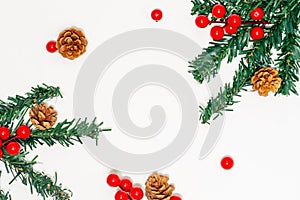 Christmas concept, Fir tree branches decorating with pine cones and red berries on white background