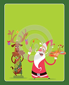 Christmas concept greeting card with Santa Claus and reindeer ch