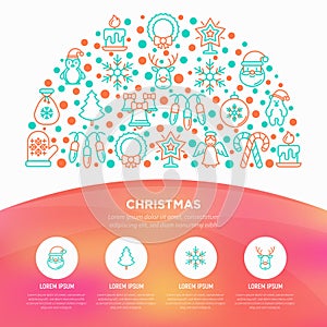 Christmas concept in half circle with thin line icons: Santa Claus, snowflake, reindeer, wreath, polar bear in hat, angel, mitten
