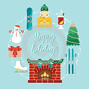 Christmas concept with icons in the flat design and hand written phrase Happy Holidays. Christmas and ski resort attributes. .