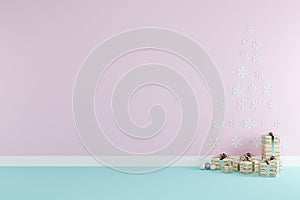 Christmas concept interior pastel pink and blue room with golden gift box set for copy space