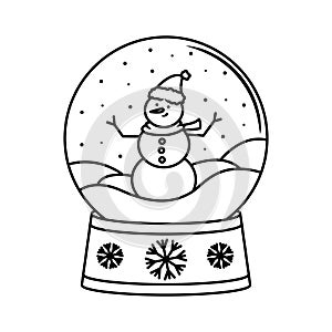 Christmas concept linear design with a Christmas snow globe with a snowman. Vector illustration