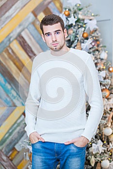 Christmas concept, male fashion. Handsome young man in elegant pullover posing in luxurious apartments decorated for