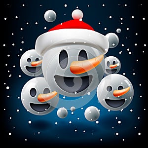 Christmas concept for people teamwork, blue background with group of smiley snowman emoticon with Santa`s hat, emoji