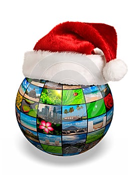 Christmas concept - photo globe in Santa hat