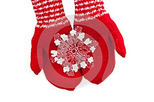 Christmas concept Red mittens with toy snowflake on a white background