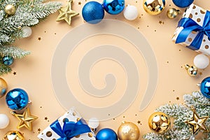 Christmas concept. Top view photo of fir branches in snow star ornaments white blue gold baubles gift boxes with ribbon bows and