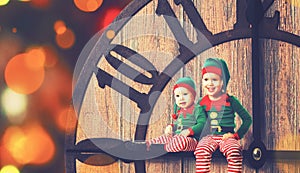 Christmas concept. Two little elf helper of Santa