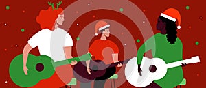 Christmas Concert, People with Guitars, Flat Vector Stock Illustration with Multicultural Musicians Guitarists for New Years and