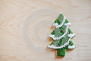 Christmas cookie X mas tree on wooden background Holiday festival