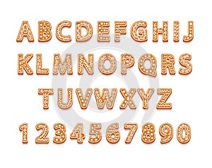 Christmas Cookies Alphabet and Numbers, Festive New Year Gingerbread Abc Font and Numerals with Glaze, Xmas Biscuit