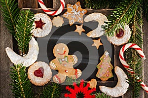 Christmas cookies background, top view