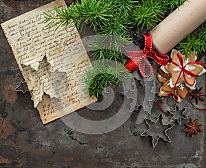 Christmas cookies. Baking ingredients, recipe book, rolling pin