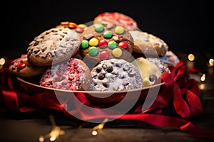 christmas cookies in a bowl on a table with red ribbon