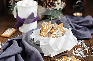 Christmas cookies in box and hot chocolate