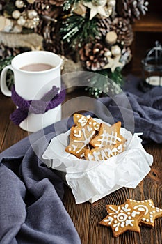 Christmas cookies in box and hot chocolate