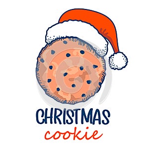 Christmas cookies, Chocolate chip cookie with Santa red hat decoration and holiday text. Vector color illustration isolated on