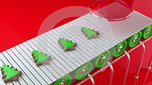 Christmas cookies in the form of Christmas trees moving along a conveyor. Santa`s Christmas toy factory at the North Pole.