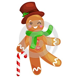 Christmas cookies gingerbread man decorated with icing dancing and having fun xmas sweet food vector illustration