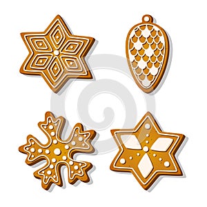 Christmas cookies gingerbread in shape of star, snowflake and pine cone with frosting in a cartoon style. Festive sweet