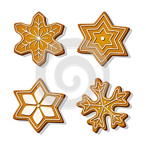 Christmas cookies gingerbread in shape of star and snowflake with sugar glazed in a cartoon style. Festive sweet cookies