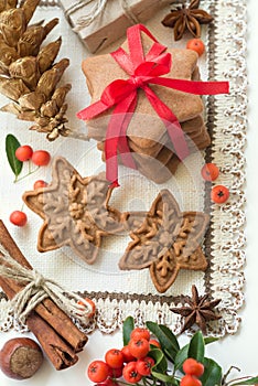 Christmas cookies handmade in the shape of stars with red ribbon