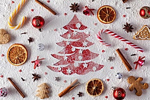 Christmas cookies, ingredients and decorations background