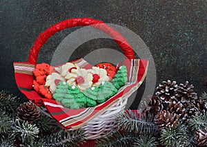 Christmas cookies in a pretty Christmas basket