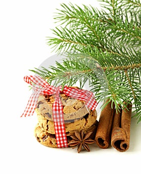 Christmas cookies with red ribbon and green fir tree