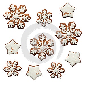 Christmas cookies in the shape of snowflakes and stars isolated on white background