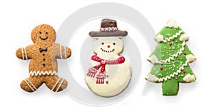 Christmas cookies, snowman, X`mas tree, gingerbread isolated on white background with clipping path for Xmas party holiday