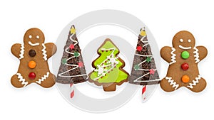 Christmas cookies, snowman, X`mas tree, gingerbread isolated on white background with clipping path for Xmas party holiday